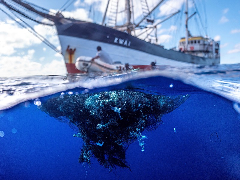 Ocean Voyages Institute's marine plastics recovery vessel, removing 103 tonnes of fishing nets and consumer plastics.