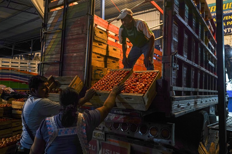 Vendors unload crates of tomatoes from the back of a truck at a market in El Salvador