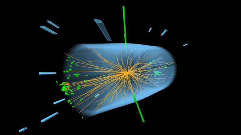 Graphical representation of events recorded with the CMS detector in 2012 that are consistent with Higgs boson decay