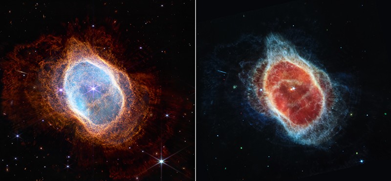 Side-by-side comparison shows observations of the Southern Ring Nebula in near-infrared light and mid-infrared light.