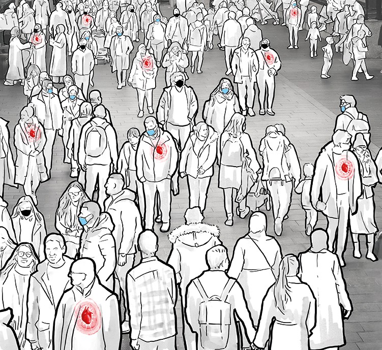 Illustration that shows a crowd of people during the COVID-19 pandemic with glowing hearts to represent cardiac disease.