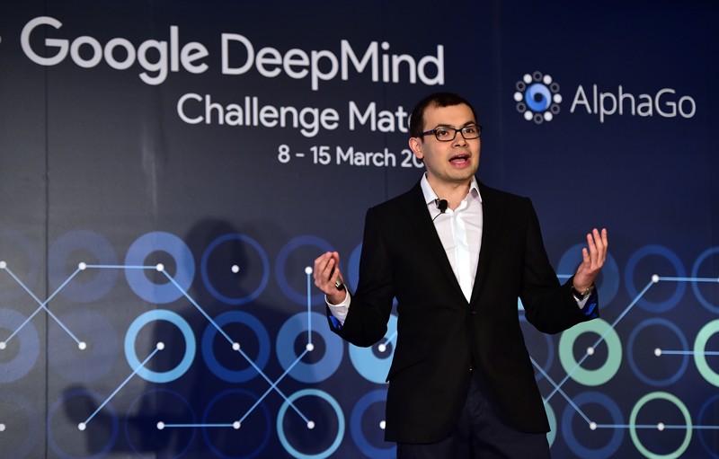 Demis Hassabis speaks during a press conference ahead of the Google DeepMind Challenge Match