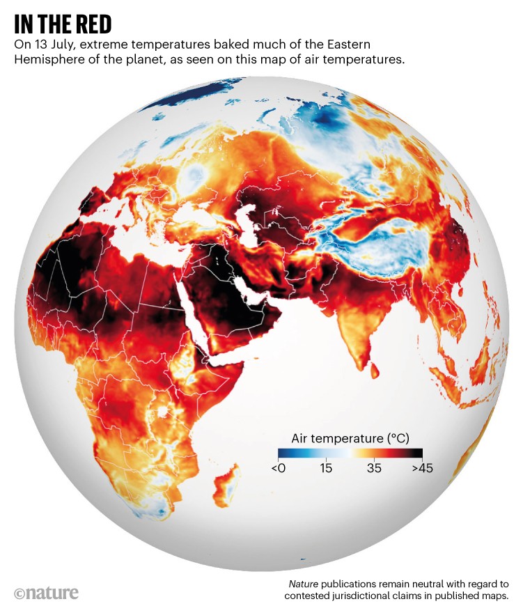 In the red: An image of the globe showing the high air temperatures recorded in the Eastern Hemisphere on 13 July 2022.