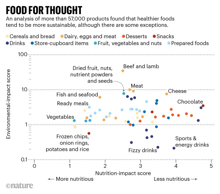 Comida para reflexão: gráfico de dispersão comparando o impacto ambiental e o impacto nutricional de uma variedade de alimentos.