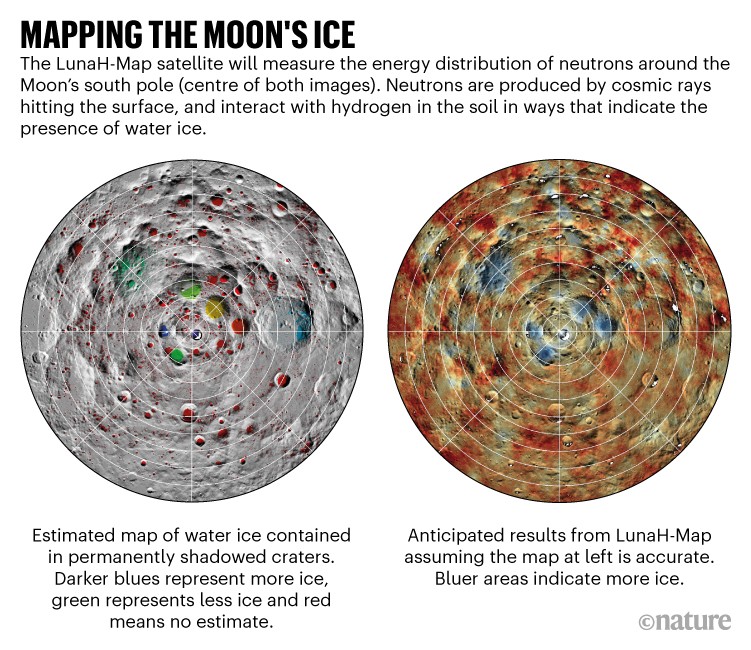 Mapping the Moon's Ice: Two views of the Moon's south pole showing the anticipated results of LunaH-Map's measurements.