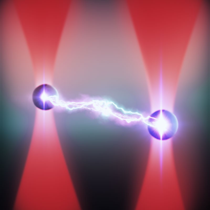 Illustration of two nanoparticles interacting through non-reciprocal light-induced forces.