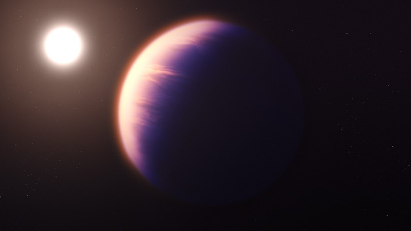 An artists impression of the exoplanet WASP-39 b, a gassy giant orbiting close to its sun