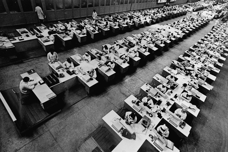 High angle view of the computer assembly line at the Institute of Cybernetics of the Ukrainian Academy of Sciences in 1971