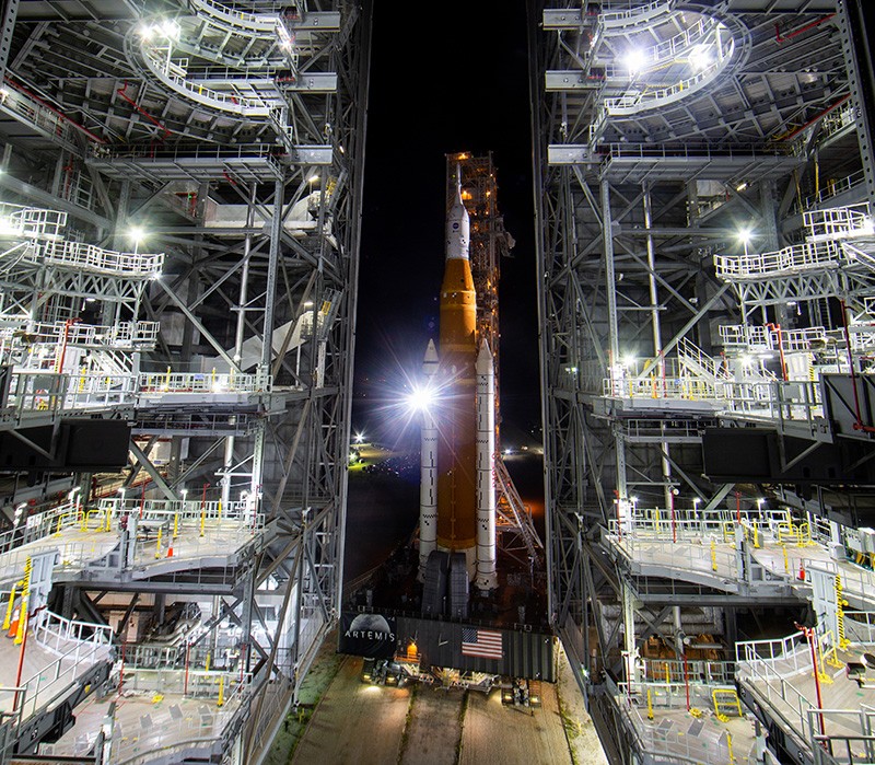 NASA’s SLS rocket with the Orion spacecraft aboard is seen atop a mobile launcher at NASA’s Kennedy Space Center in Florida.