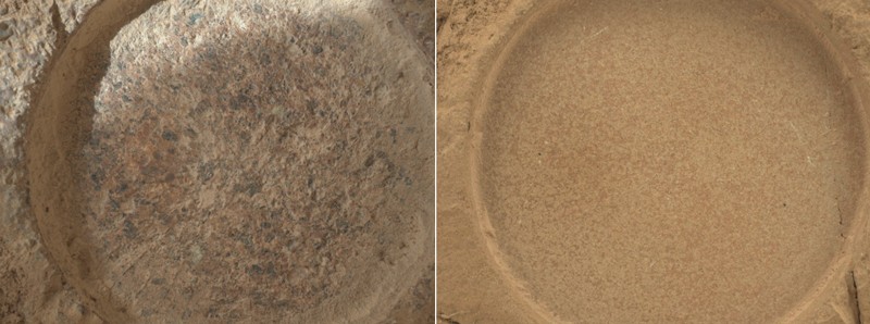 A pair of images showing close-up views of two Martian rock types investigated by the Perseverance rover