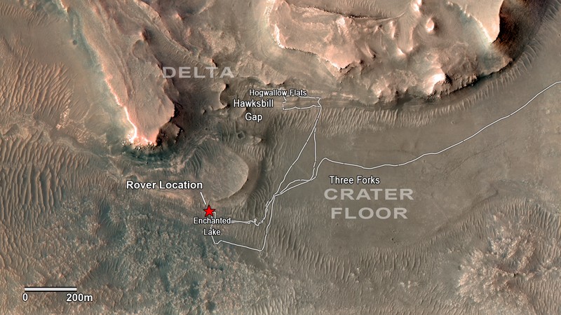 An annotated map the Jezero Crater on Mars with the Three Forks, the Hawksbill Gap and rover location at Enchanted lake labeled