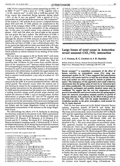 Large Losses Of Total Ozone In Antarctica Reveal Seasonal Clo X No X Interaction Nature