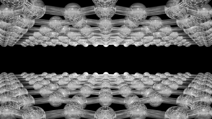 Two layers of graphene showing individual atoms.
