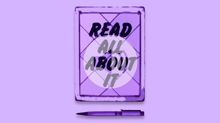 'Read all about it' newspaper stand and pen on purple background