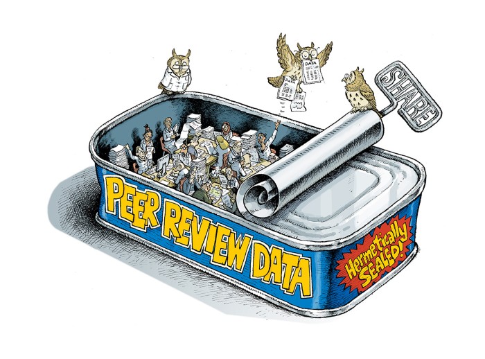Cartoon of peer reviewers emerging from sealed tin handing their data to wise owls for analysis
