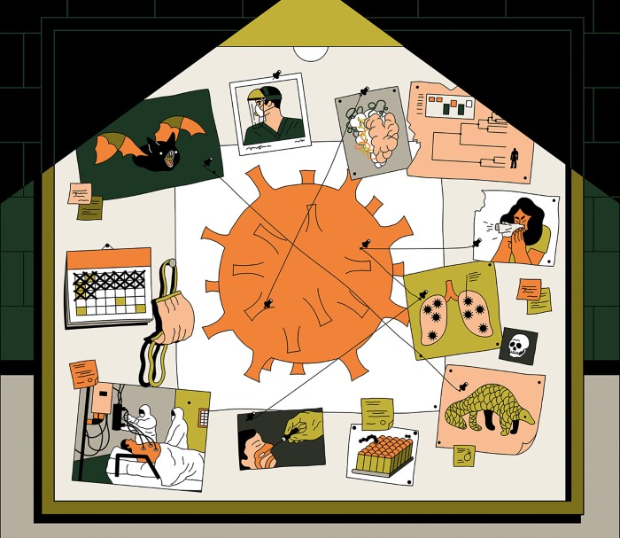 Cartoon showing forensic-like board linking various COVID-19 related images.
