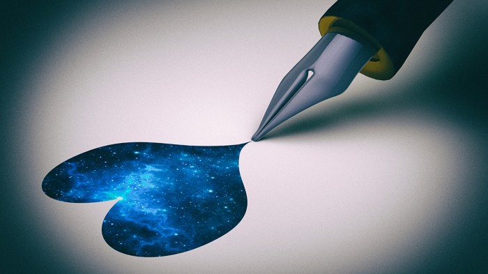Artistic image of an ink-pen nib drawing a heart filled with an image of the Universe