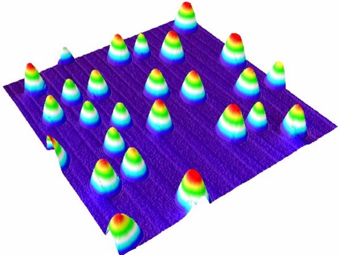 A digital holographic microscope image showing a blue plane dotted with striped cones.