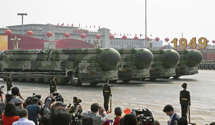 The Dongfeng 41, a nuclear-capable intercontinental ballistic missile, is on display during a military parade in Beijing
