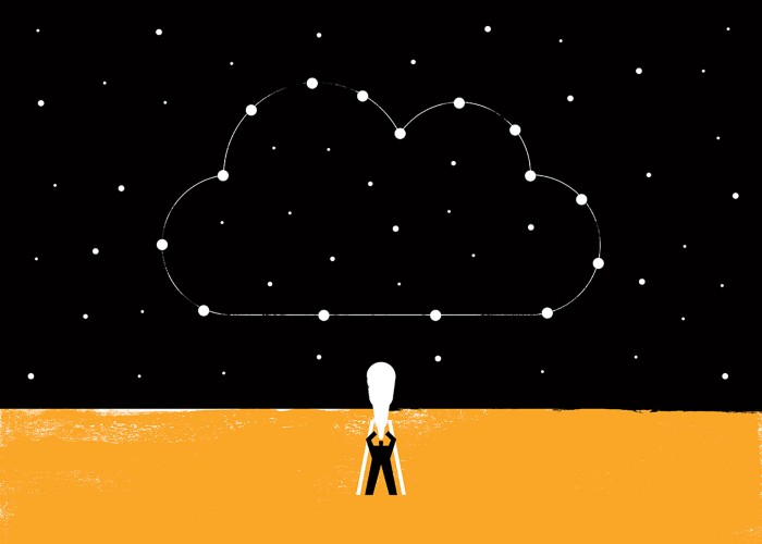 Cartoon of a person looking through a telescope at a night sky with a cloud shape made up of stars