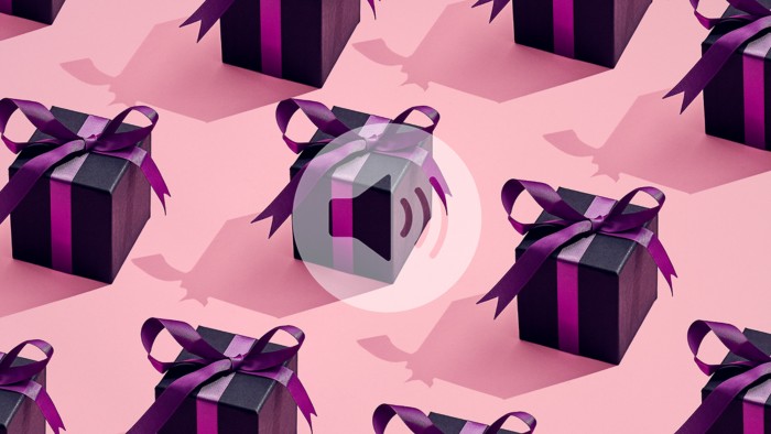 A group of gifts in a repeating pattern on a pink background