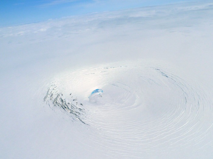 Aerial image of subsidence and crevassing on the Vatnajókull ice cap over the western Skaftákatlar subglacial lake.