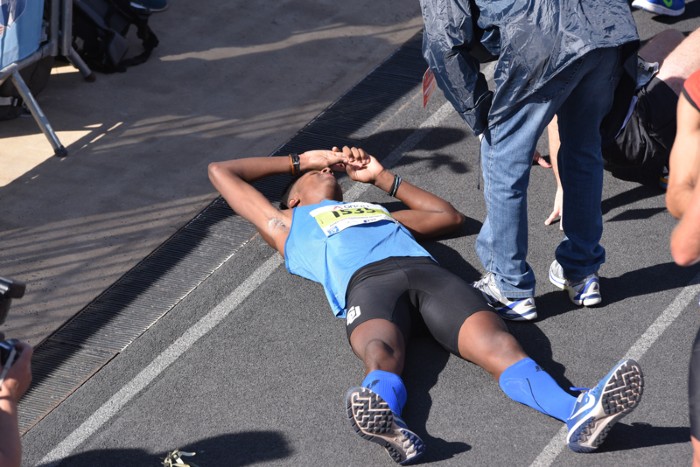 Tired athlete after the finish during the 2016 Athens Marathon