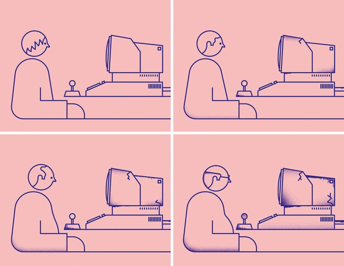 A four panel cartoon showing a person and their computer becoming progressively older in each panel.