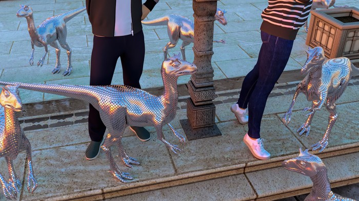 Small bipedal dinosaurs made of a metallic substance walk around the feet of humans on paving stones