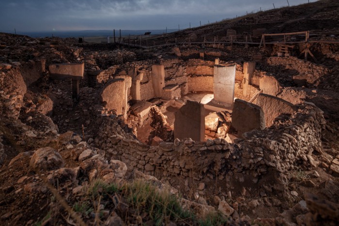 Pillars and sunken steps make up the ruins of the Göbekli Tepe archaeological site, Turkey.