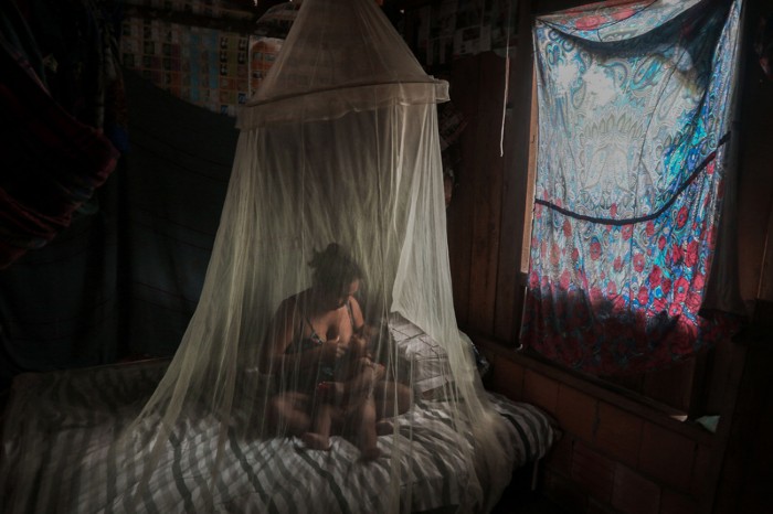 An indigenous mother breastfeeds her son under a mosquito net in a dark room