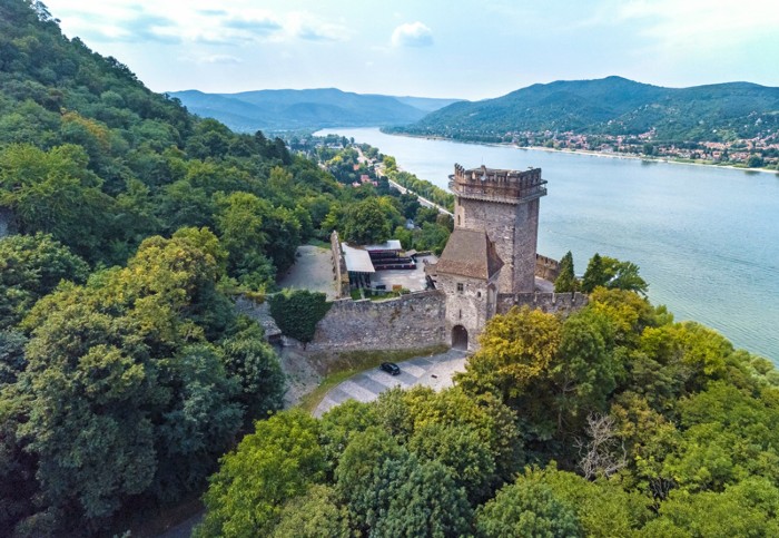 Aerial view of the Salamon tower, part of the 13th century Visegrád castle ruins, on the banks of the river Danube, Hungary