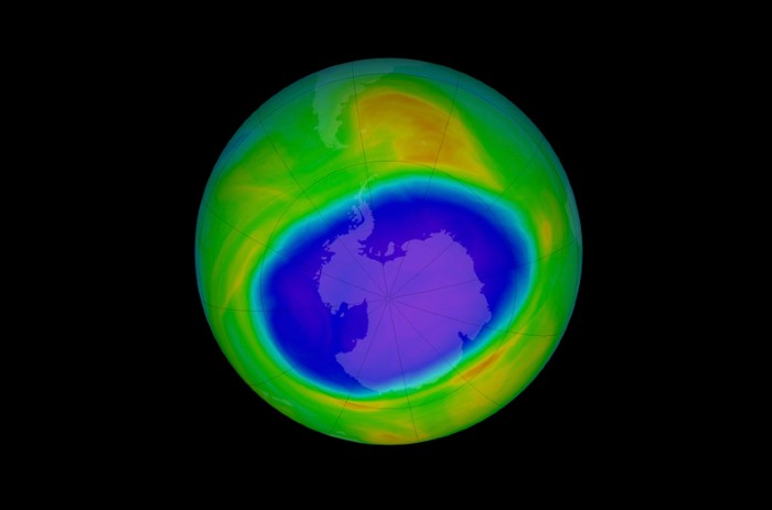 Satellite image of the maximum extent of the ozone hole over Antarctica