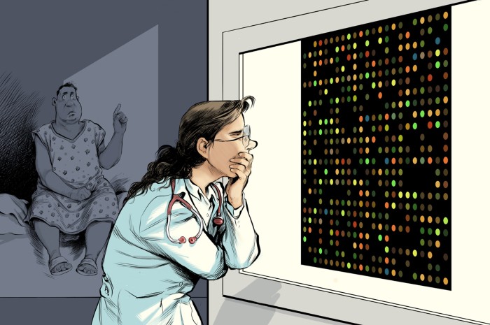 cartoon of a patient sitting neglected in the background while a doctor examines a panel with multicoloured dots