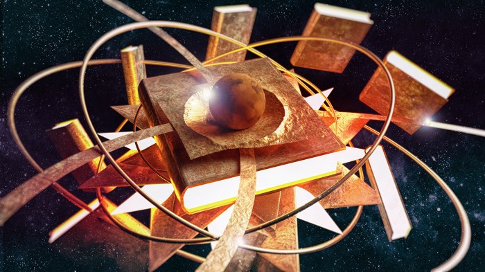 A glowing book, with a small planet-like globe sitting on its cover, floats in space while other books orbit around it