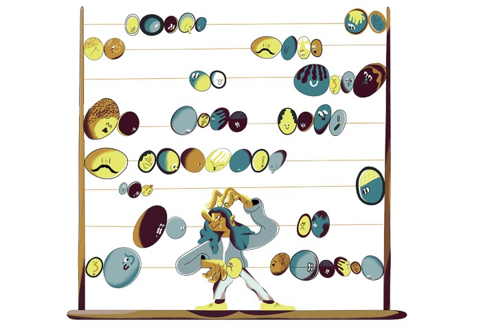 A cartoon person looks in confusion at a giant abacus on which the counting beads are cartoon faces