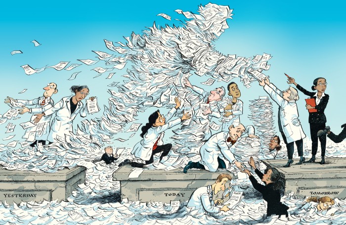 Cartoon showing a pile of science papers in human form walking from the past to the future.