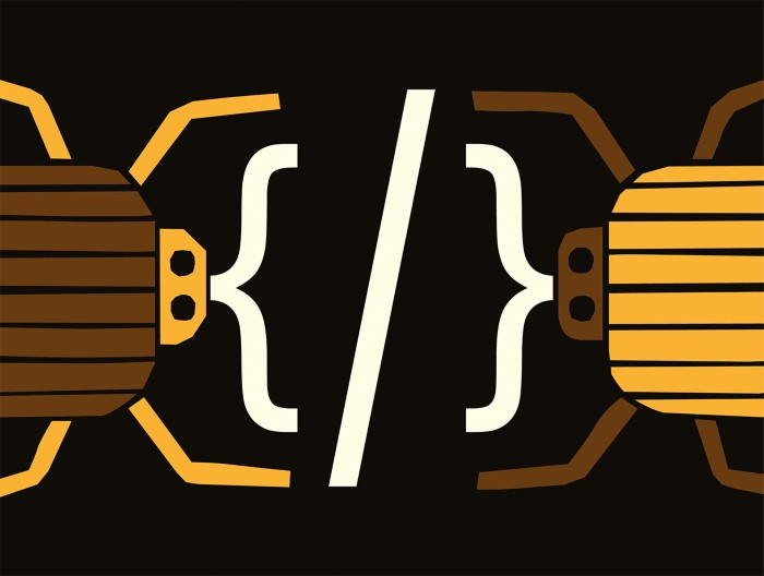 Cartoon of two beetles whose antennae form the square brackets to open and close a line of code