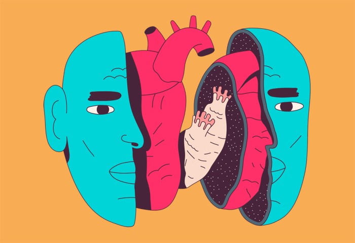 Cartoon showing tunicate inside a human heart which is inside a human head