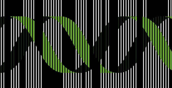 A double helix made out of vertical white and green lines on a black background
