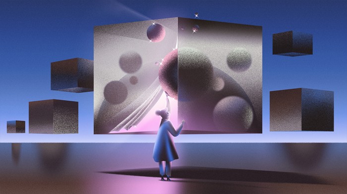 Cartoon of a human figure standing in front of a huge black box for which the sides are becoming opaque