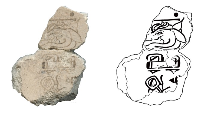 Left: A fragment collected from a mural with the 7 Deer day-sign; right black-line style from the Ixbalamque structure.