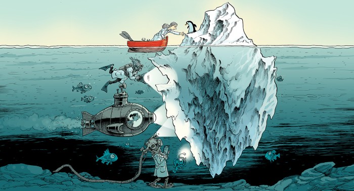 Cartoon showing a lone researcher in a boat looking at an iceberg with many researchers under the water also inspecting it