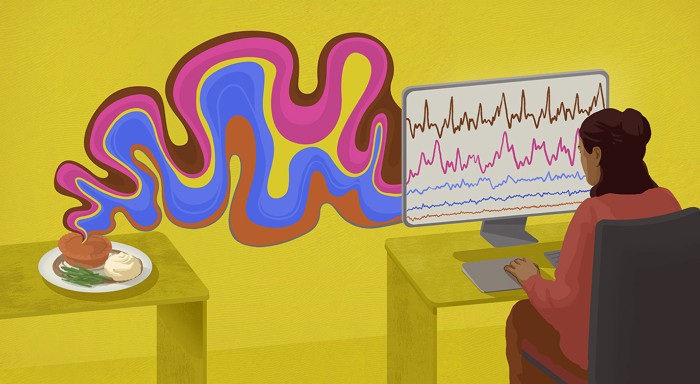 Cartoon of swirls of smells flow from a meal to a computer screen where they are viewed as charts by a researcher