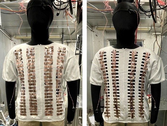 A thermal mannequin wearing the temperature-adaptive clothing in cold (15°C, left) and hot (30°C, right) ambient temps.