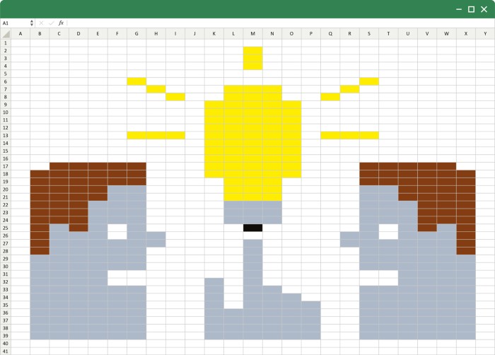 Conceptual illustration showing two characters and a lightbulb made up of coloured cells in an excel spreadsheet.