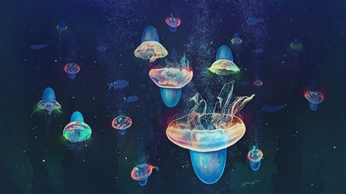 Artists impression of a group of robotic jellyfish swimming in the sea