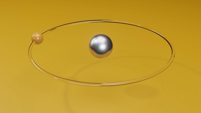 3D representation of the atomic structure of hydrogen with a silver spherical nucleus and a single yellow electron orbiting around it