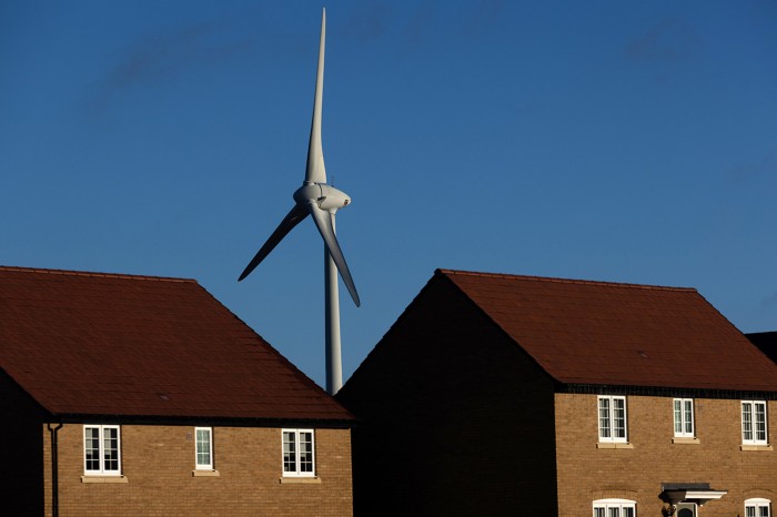 A wind turbine near residential houses in the UK