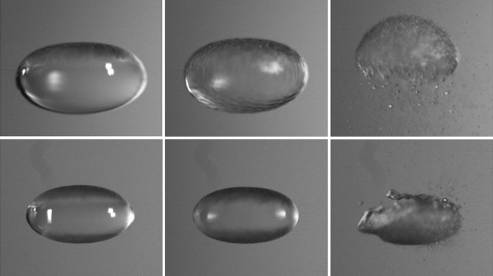 Superstability of acoustically levitated bubbles formed from different liquids. Upper row: a sodium dodecylsulphate (SDS) bubble can be stably levitated for more than 15 min without bursting. Lower row, a pure water bubble, without the stabilization of any surfactant, can remain intact for more than 7 min.